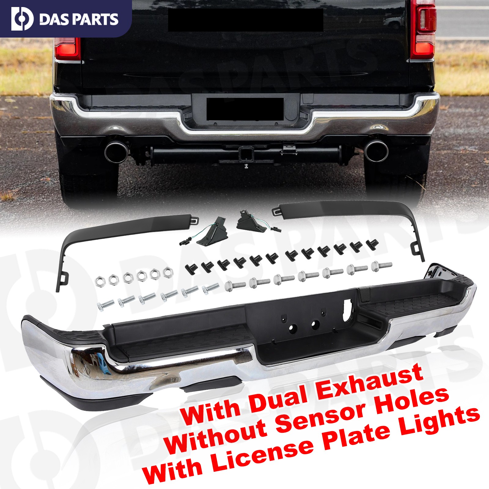 Chrome Rear Bumper Assembly Fit 19-24 RAM 1500 Dual Exhaust w/o Park Sensor Hole