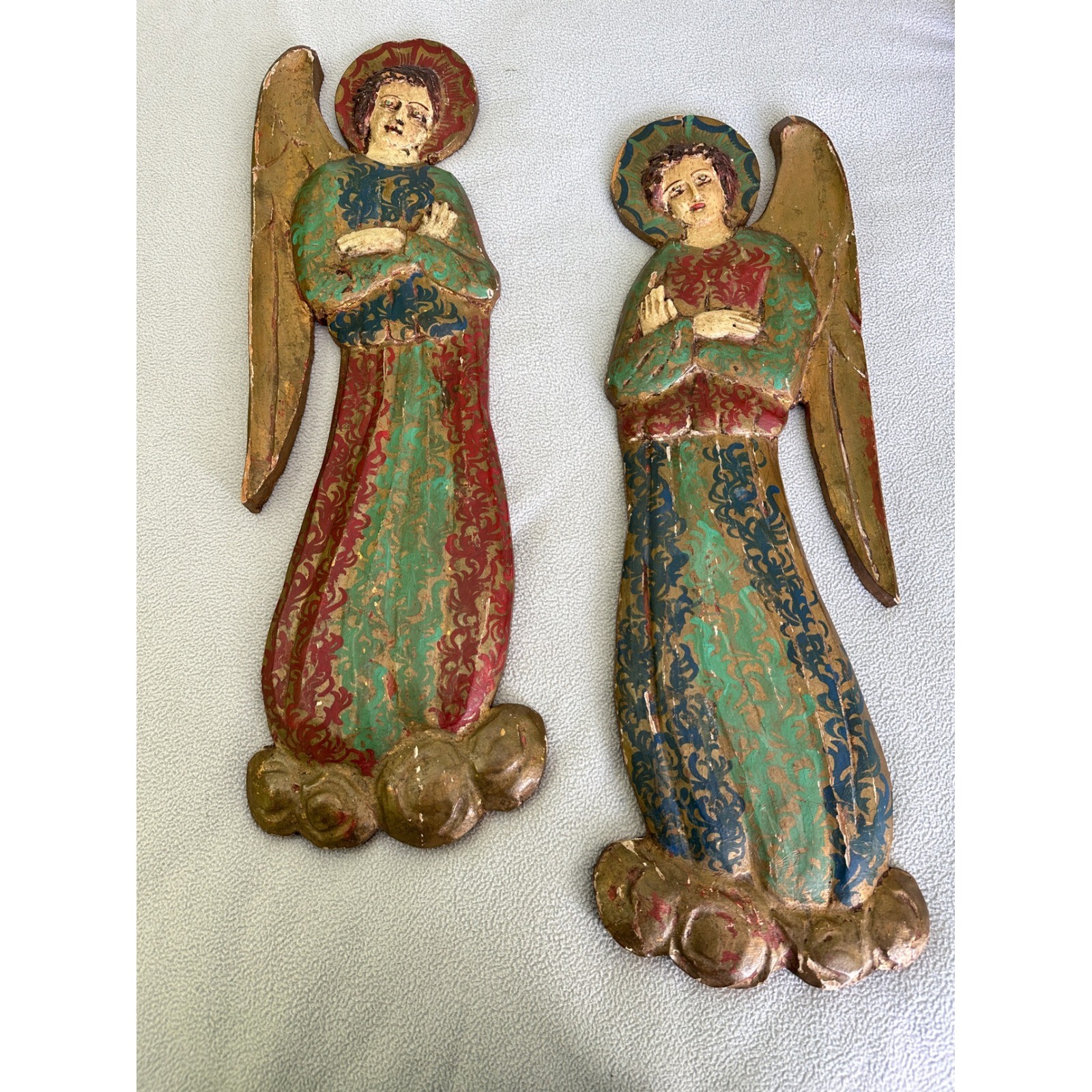 Antique Vtg Santos Angel Saint Carved Wood Folk Art Distress Pair Wall Plaque