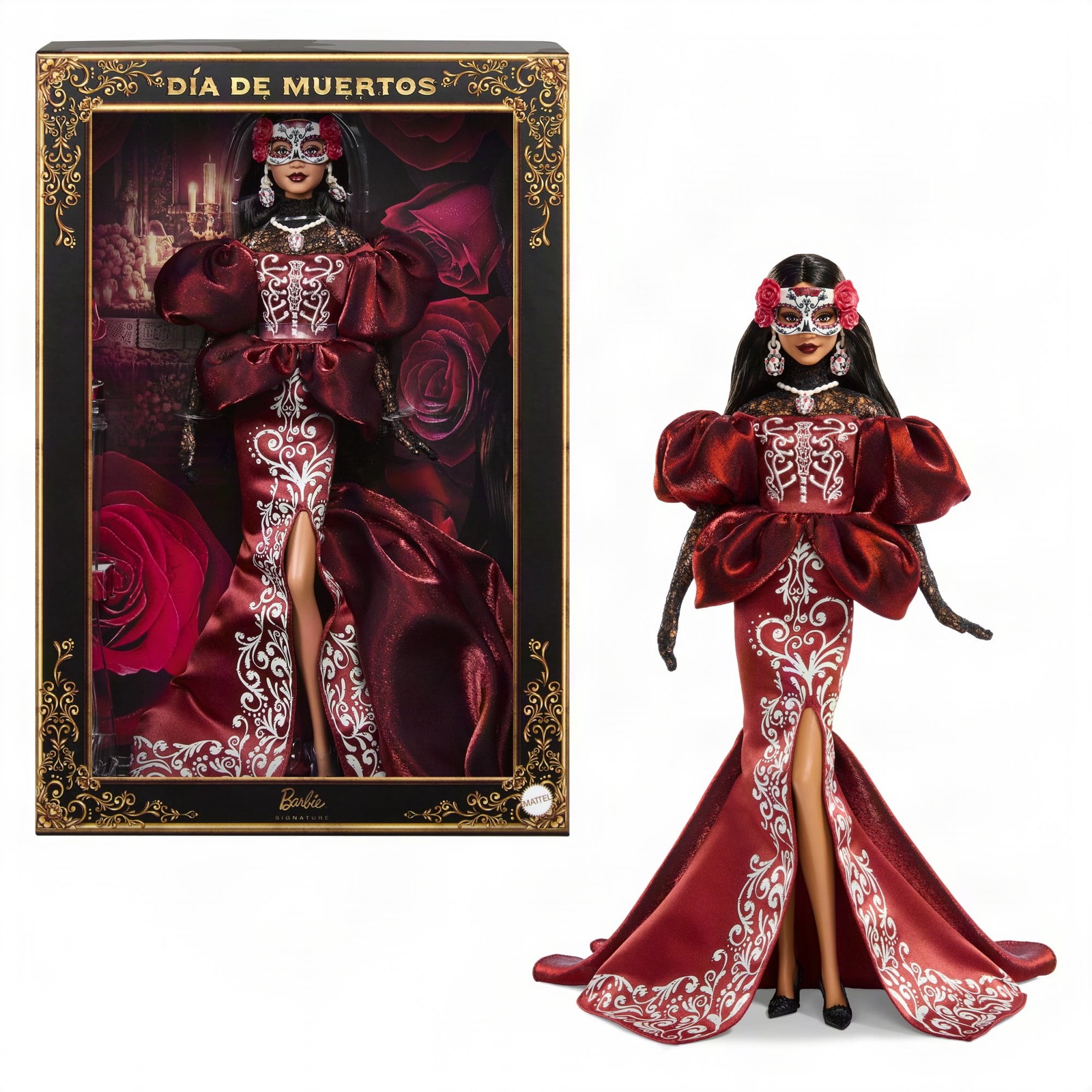 Barbie 2026 Día De Muertos Doll in Satin Mermaid Dress Removable Calavera Mask