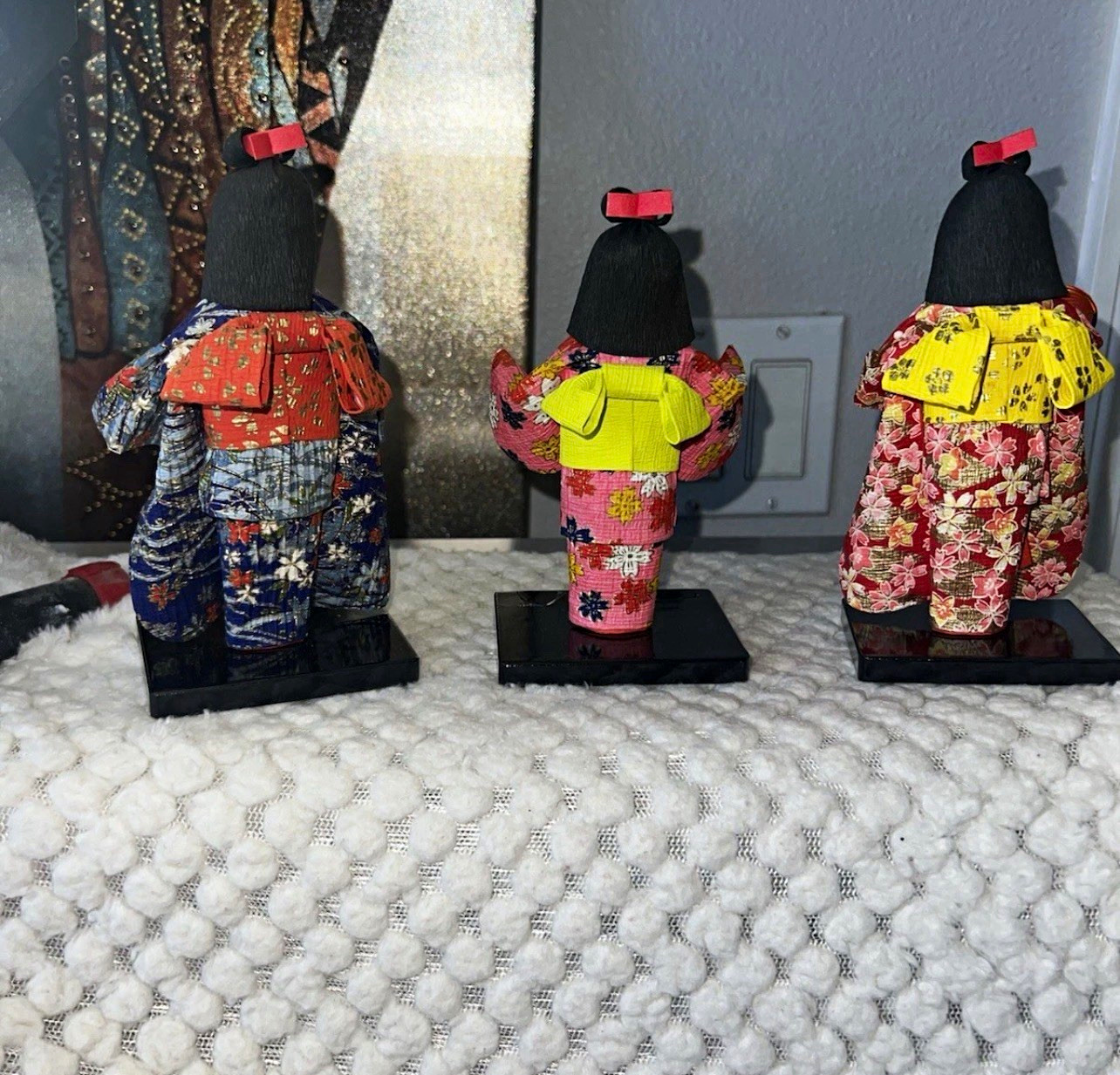 Set of 3 Japanese Kimono Dolls w/ Display Bases & Individual Boxes