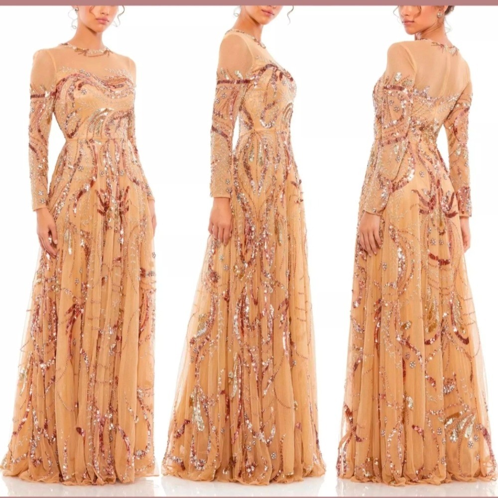 NEW Mac Duggal [18] 5217 Long Sleeve Embellished Illusion Gown in Carmel $798