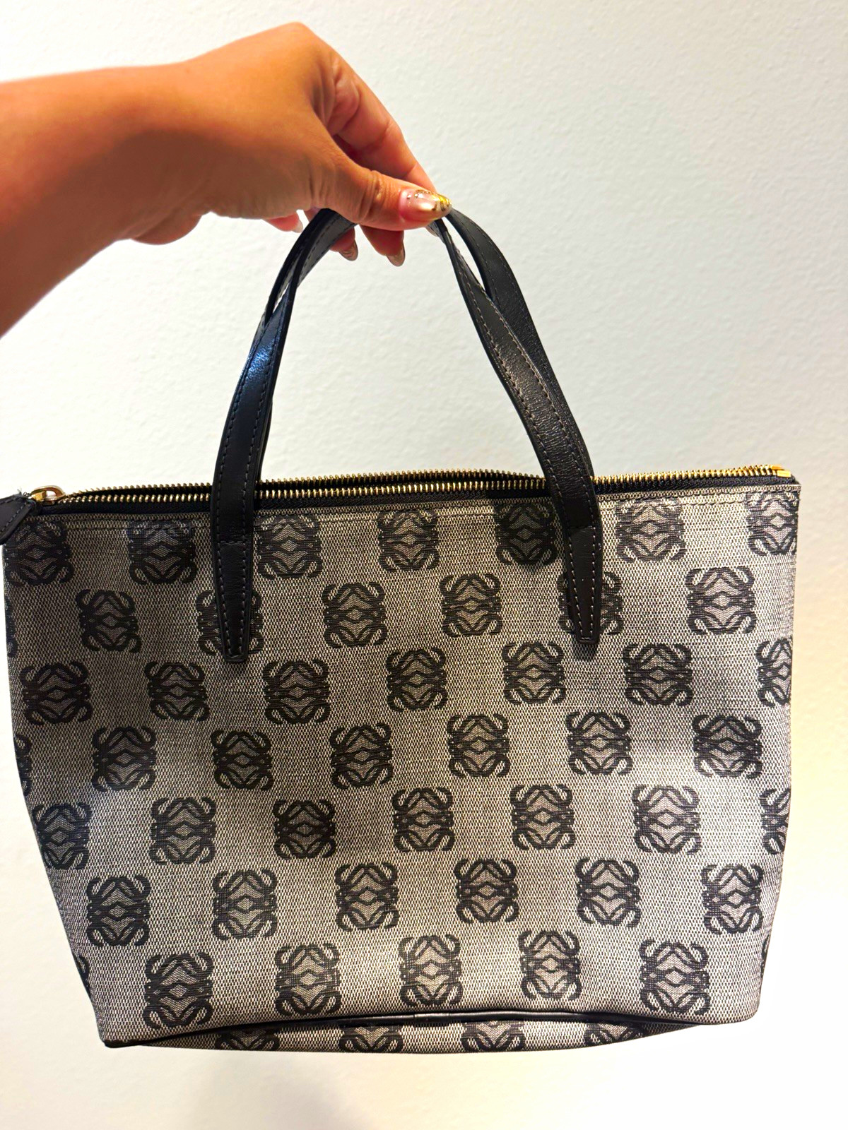 Loewe Logo Pattern Zip-Top Tote Beige/Black Gold Hardware Double Handles