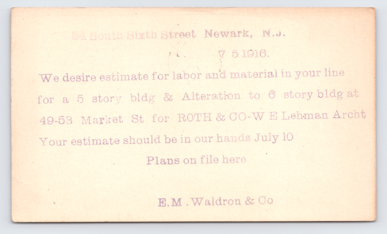 1916 EM Waldron & Co Labor Bid for Market Street Building Newark NY Postal Card
