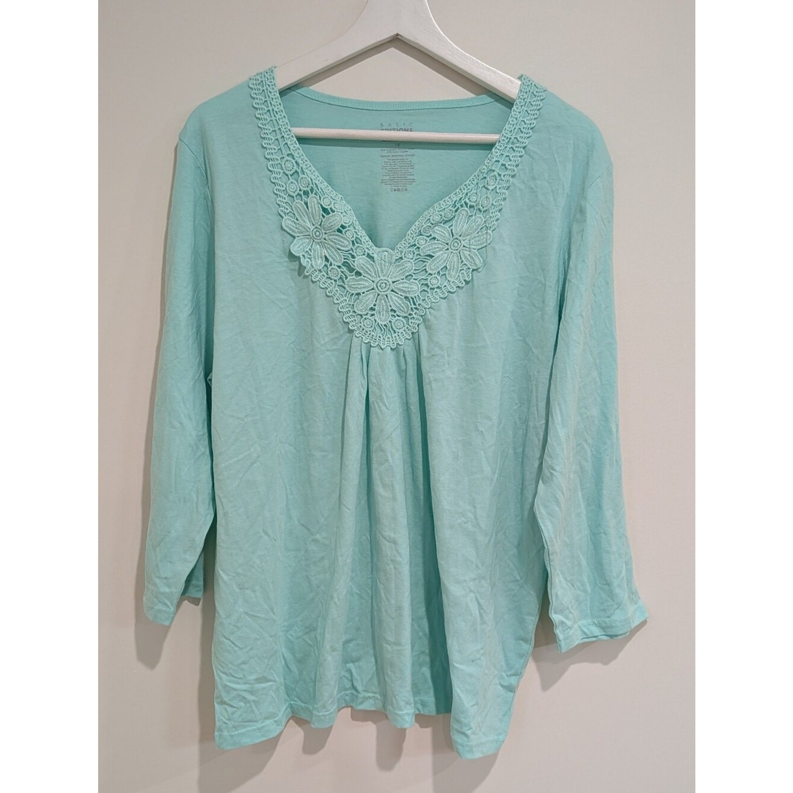 NWT Women\'s 3/4 Sleeve Crochet Mint V-neck Top (1X) Cotton Coastal Cottagecore