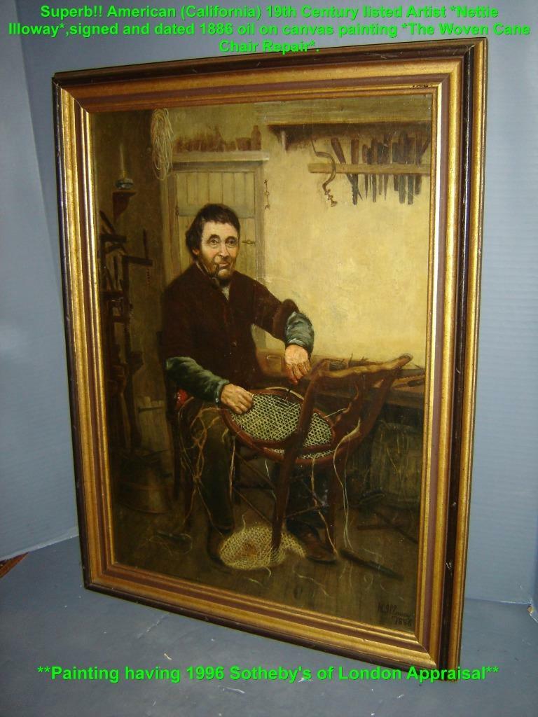 Antique American Nettie Illoway Gentleman Woven Cane Chair Oil Painting Sothebys