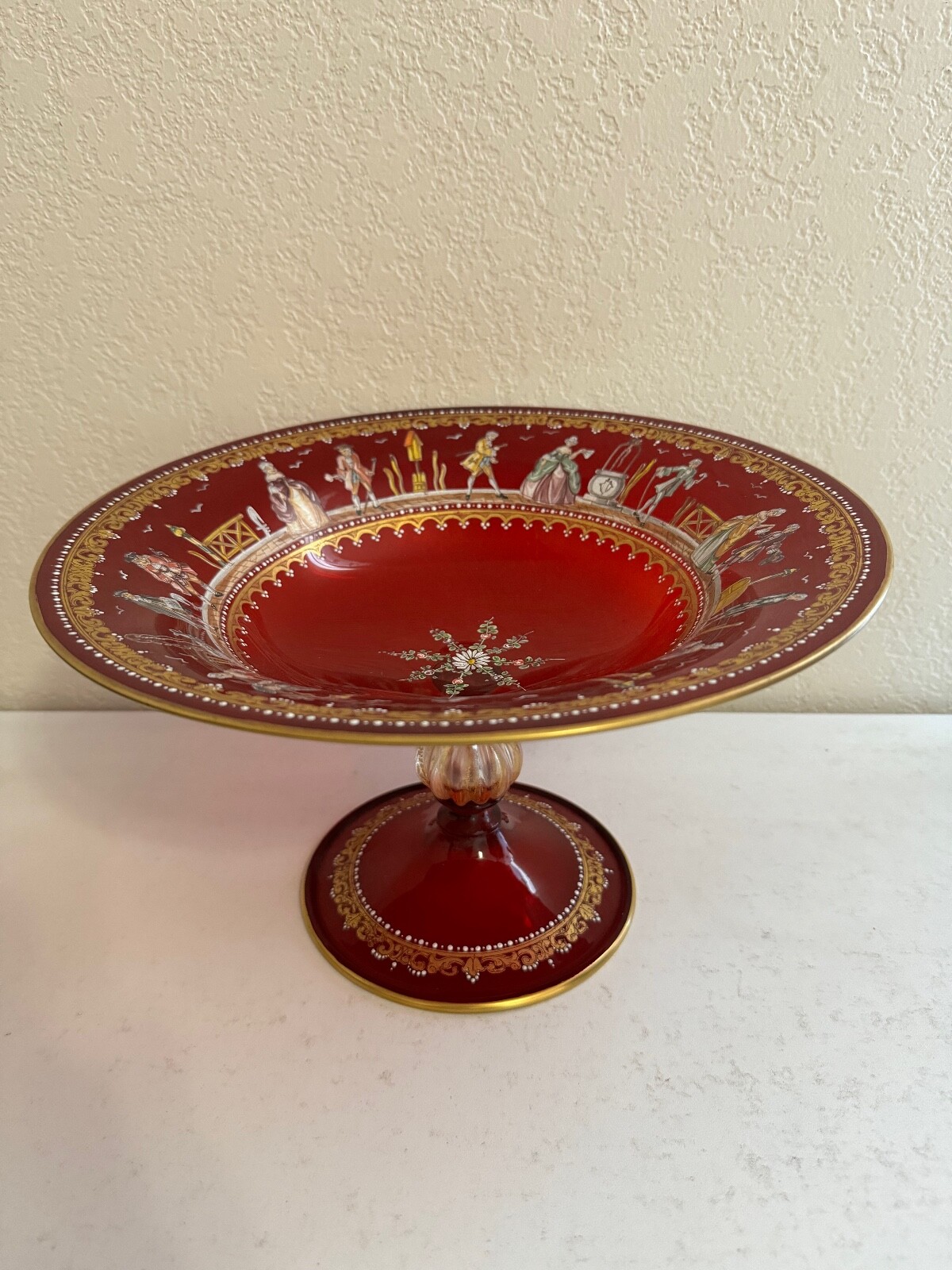 Vtg Possibly Antique Venetian Glass Compote Centerpiece w Enamel Painted Figures Vtg Possibly Antique Venetian Glass Compote Centerpiece w Enamel Painted Figures