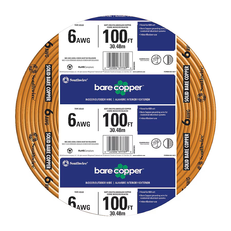 Southwire 100-ft 6 -Gauge Solid Soft drawn Copper Bare Wire Southwire 100-ft 6 -Gauge Solid Soft drawn Copper Bare Wire