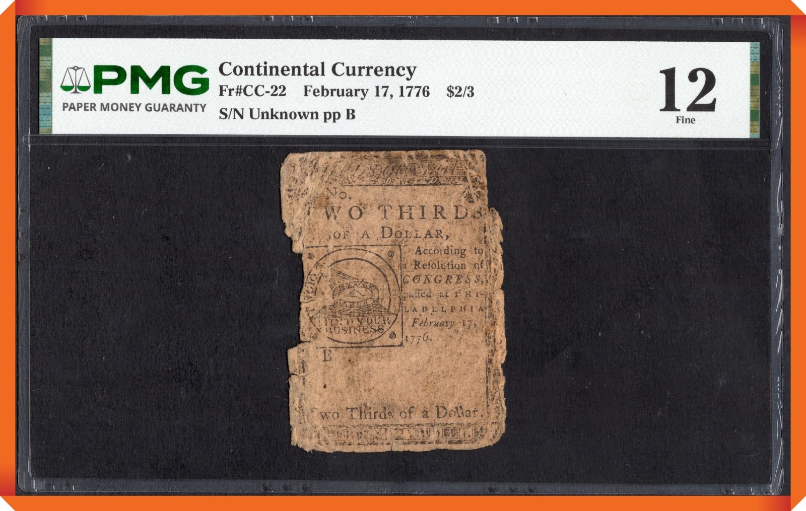 KC- Fr.CC-22 Feb. 17, 1776 $2/3 - Fine 12 by PMG ( Paper Damage)
