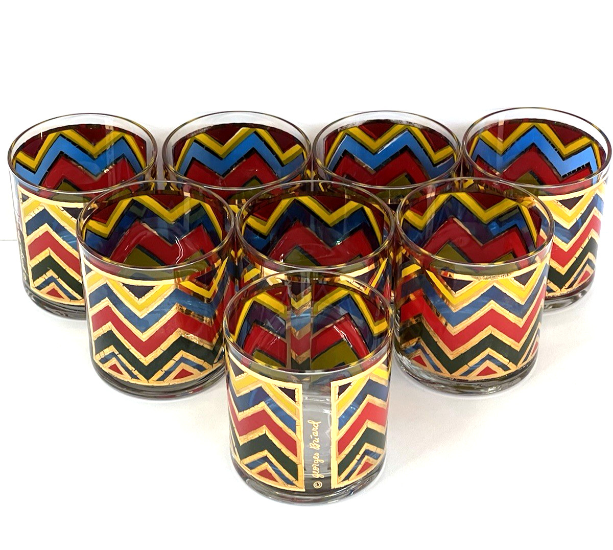 Georges Briard Lowball Glasses (8) Geometric Chevron 22K Gold 1962 MCM RARE HTF Georges Briard Lowball Glasses (8) Geometric Chevron 22K Gold 1962 MCM RARE HTF