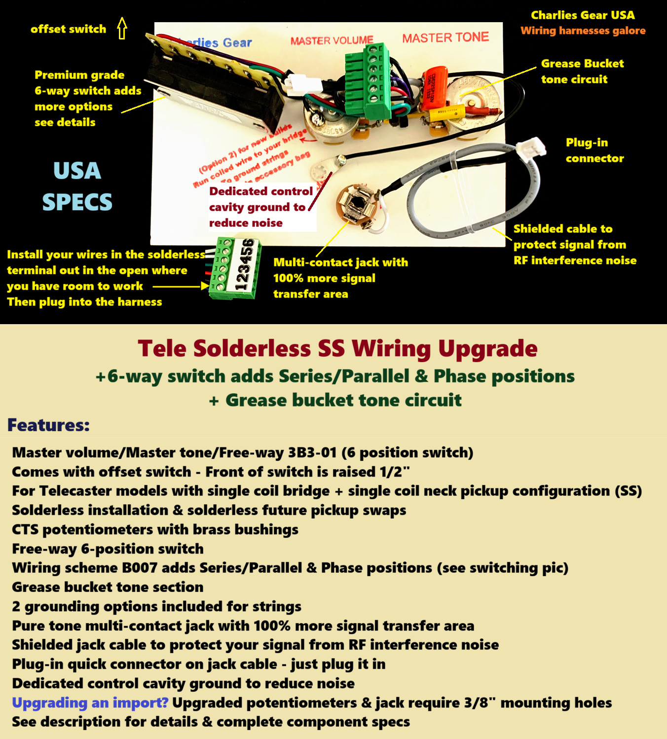 Tele Solderless SS Wiring Upgrade +6x sw +Series/Parallel/Phase + Grease Bucket