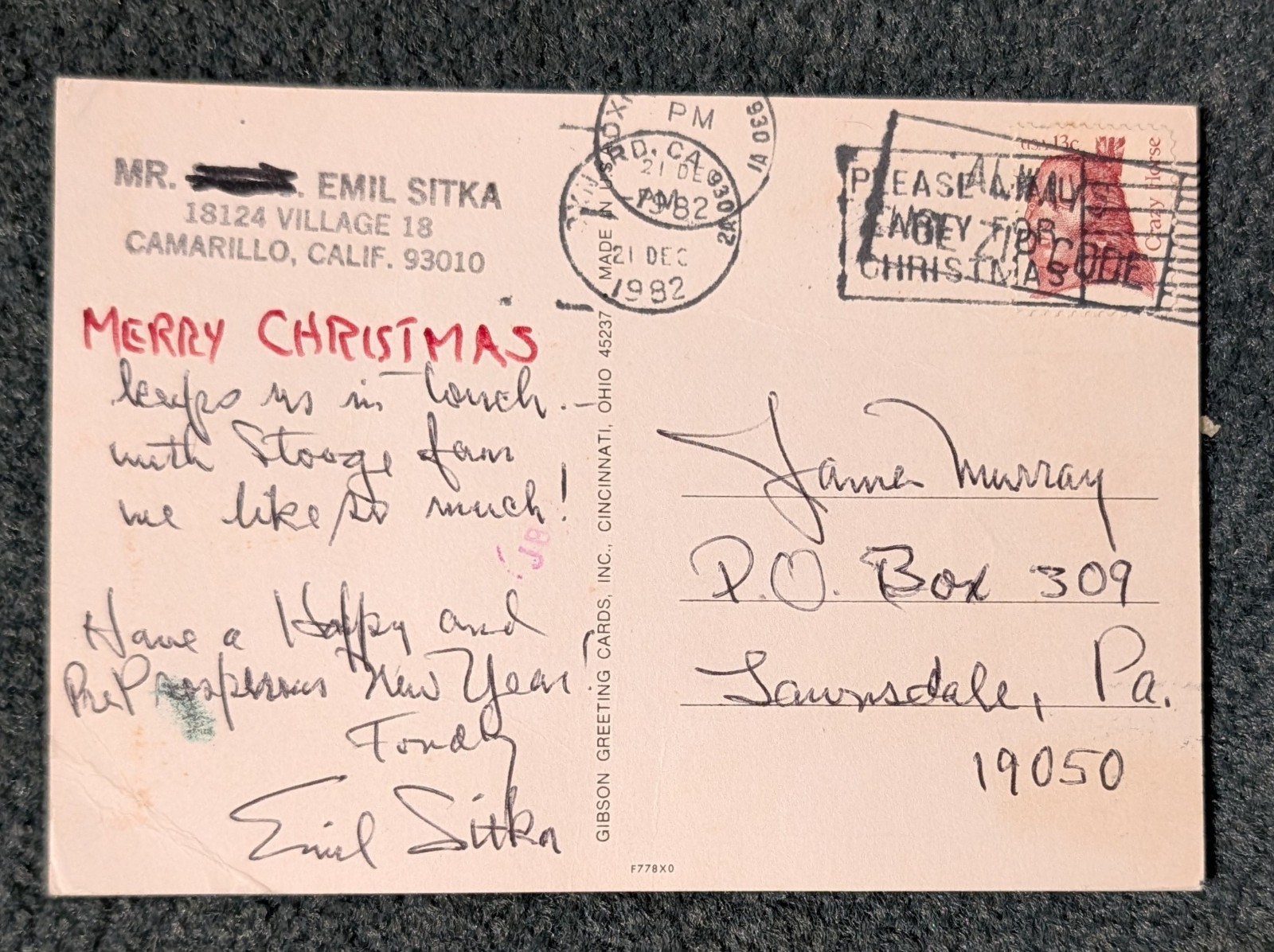 EMIL SITKA of THE 3 STOOGES AUTOGRAPHED XMAS POSTCARD SIGNED and DATED 12/21/82