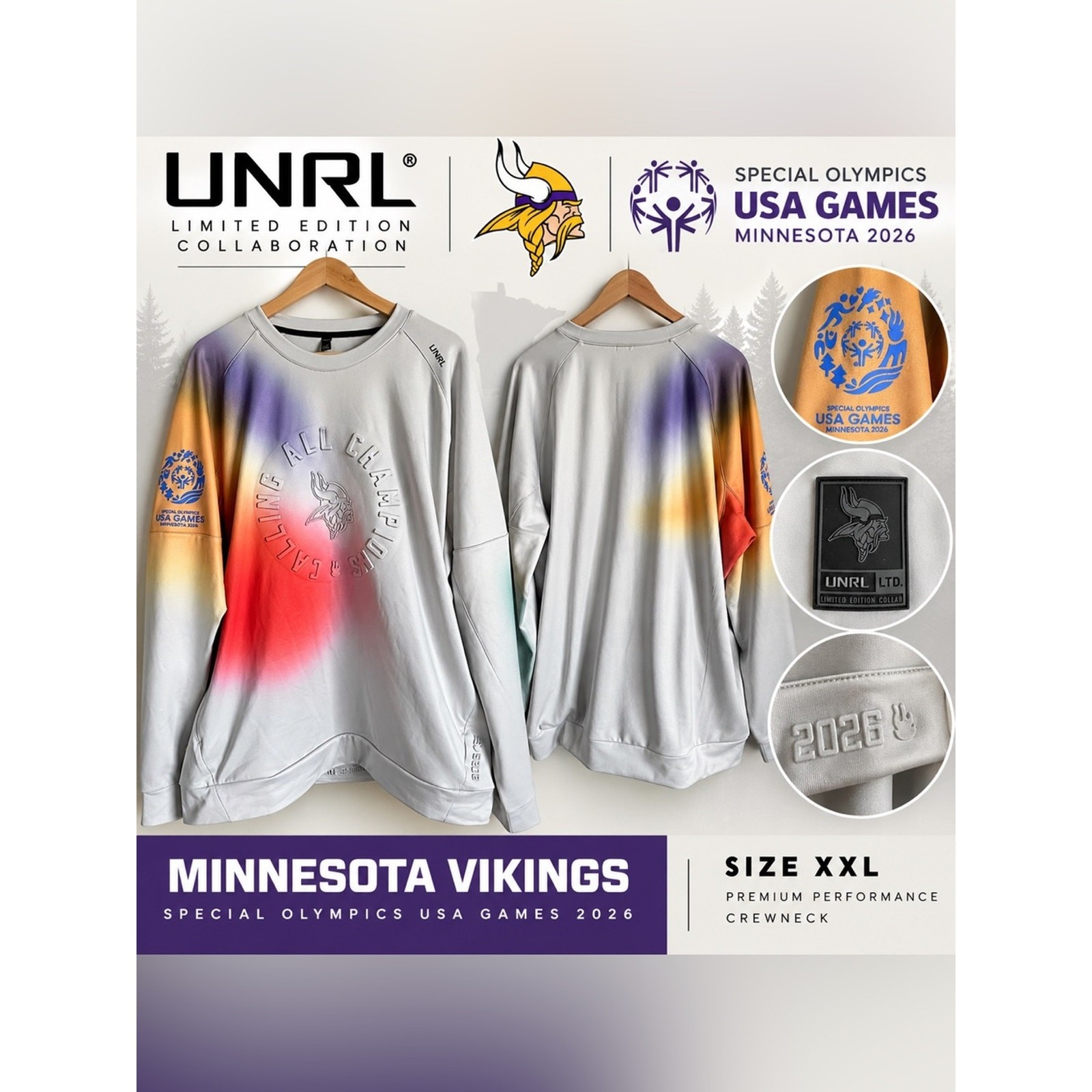 UNRL x Minnesota Vikings Special Olympics USA Games 2026 Crewneck XXL Limited Ed