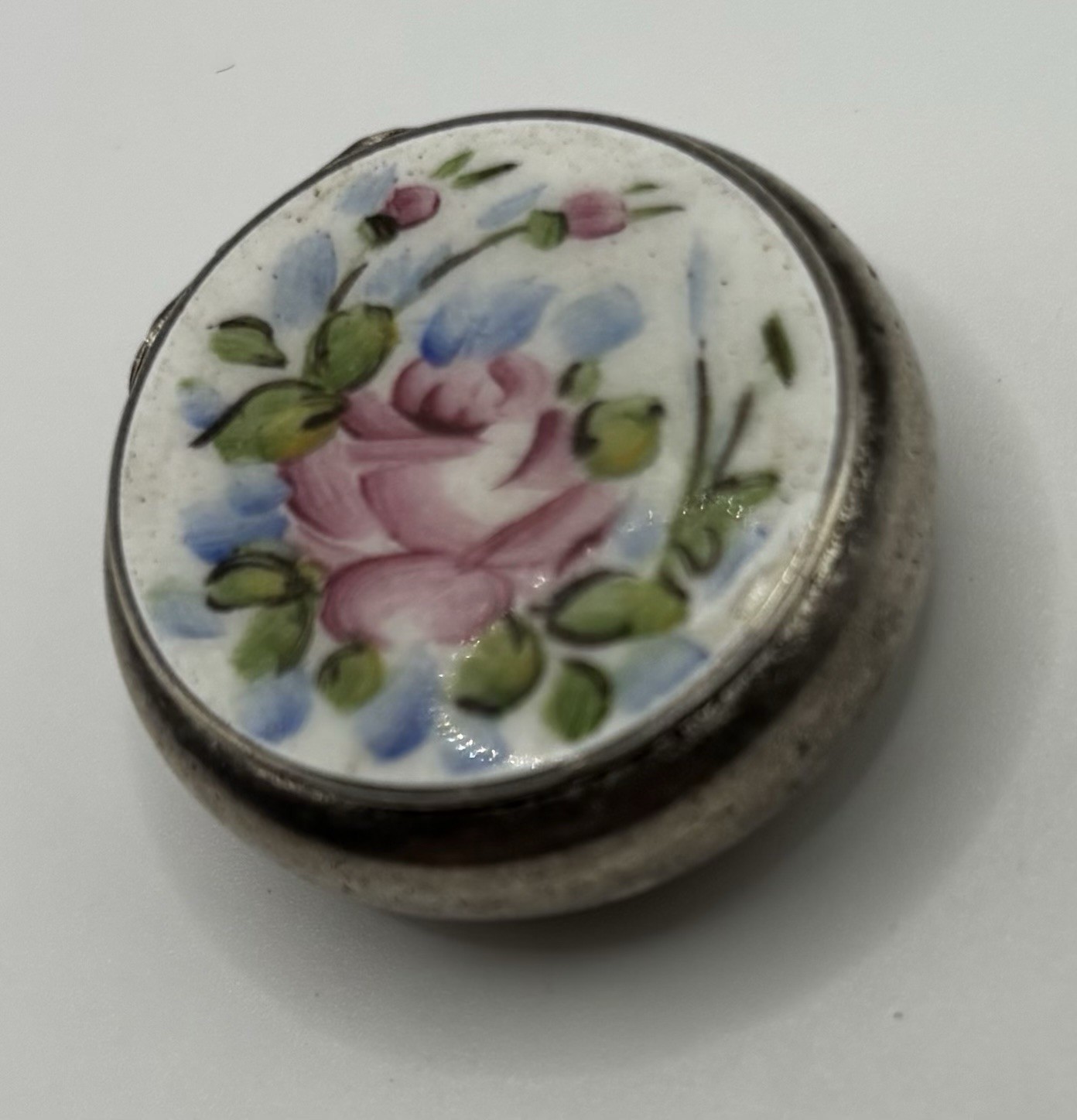 Bliss Brothers Antique Sterling silver Painted Porcelain Small Pill Box antq 
