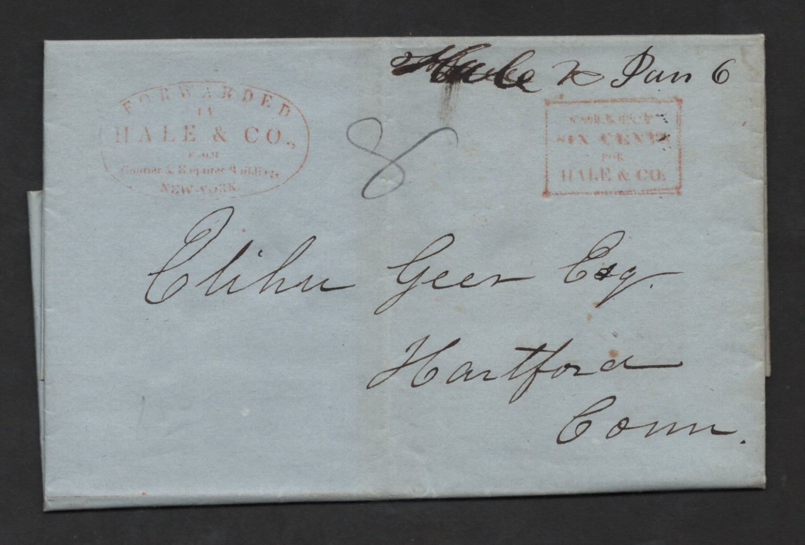 US 1845 HALE & CO NY STAMPLESS FOLDED COVER TO HARTFORD CONNECTICUT