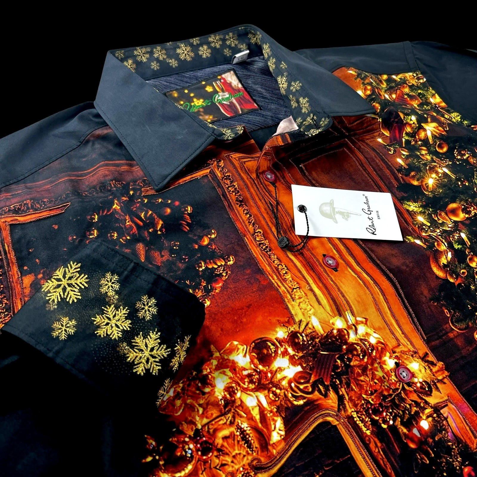 Robert Graham Embroidered Christmas Fireplace Cocktails Geometric Shirt XL $299