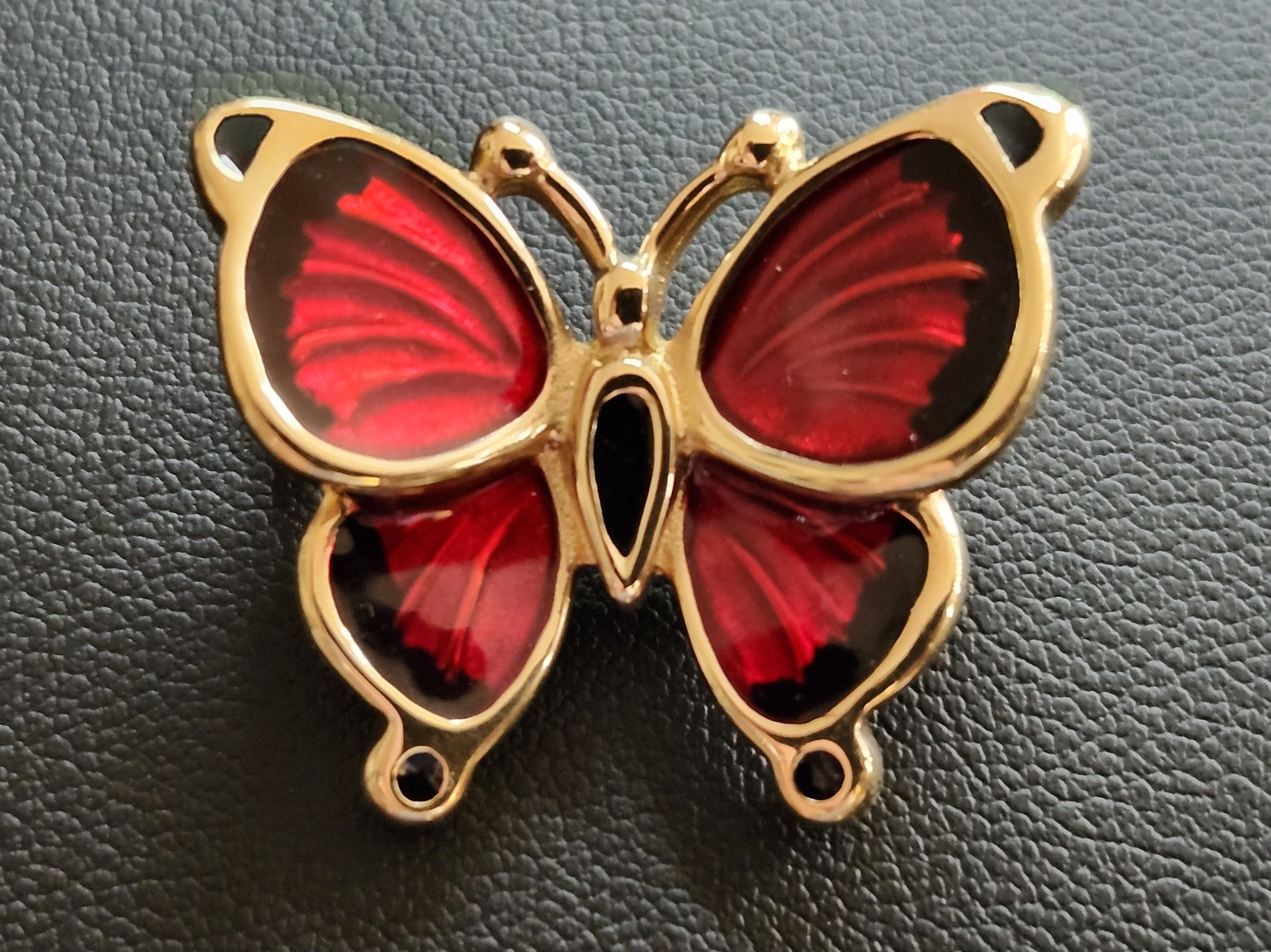 Vintage 14K Gold Red Guilloche Enamel Butterfly Brooch Pin Estate Fine Jewelry