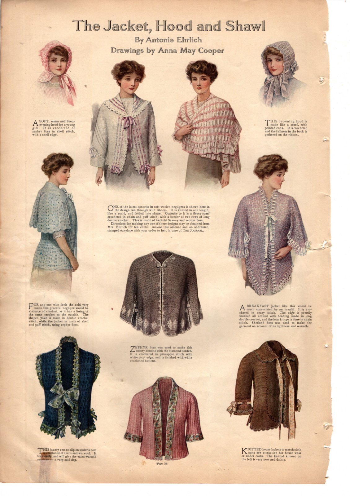 1912 Original Fashion Print  jacket, Hood, Shawl, Waist from Ladies Home Journal
