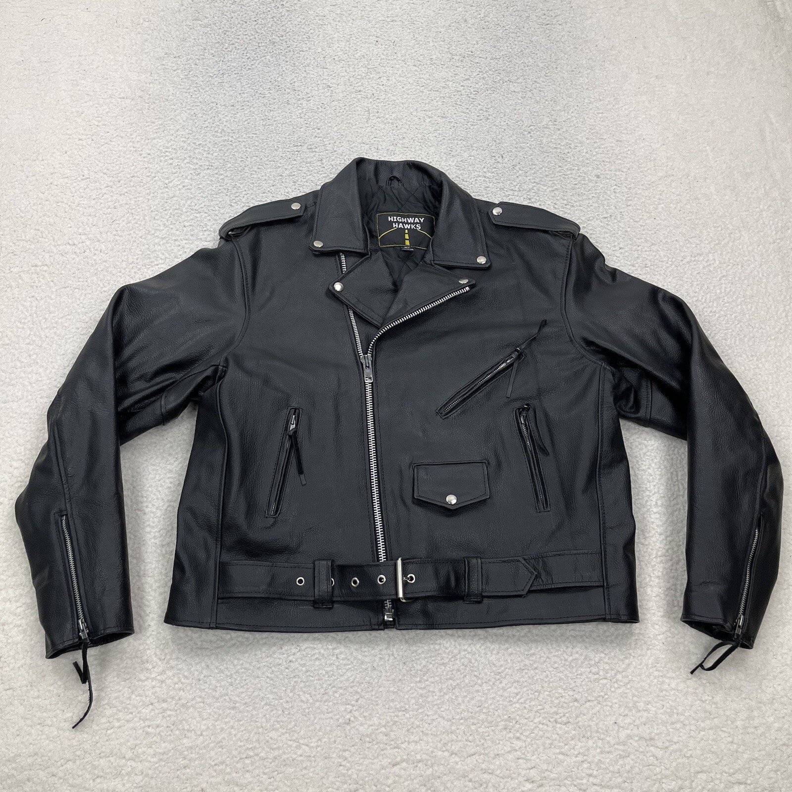 Highway Hawks Motorcycle Jacket Mens 48 Black Leather Full Zip Retro Biker Coat