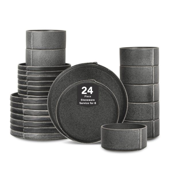Stone Lain Bao Charcoal 24-Piece Stoneware Dinnerware Set -Service for 8