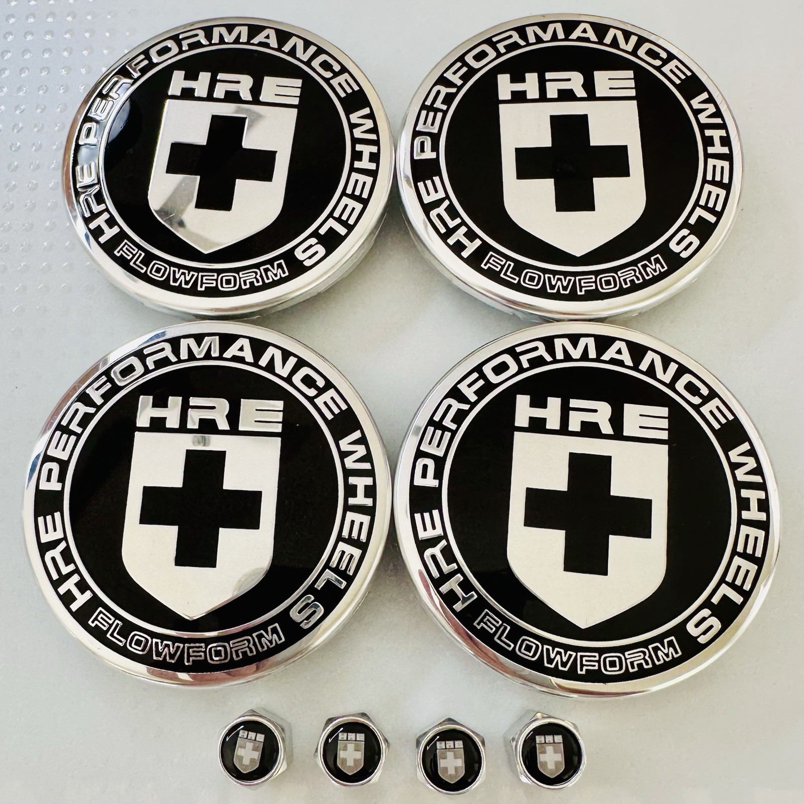 4pc HRE Flowform 63mm Center Caps XC635HRE—2PC and 4pc Chrome Valve Caps