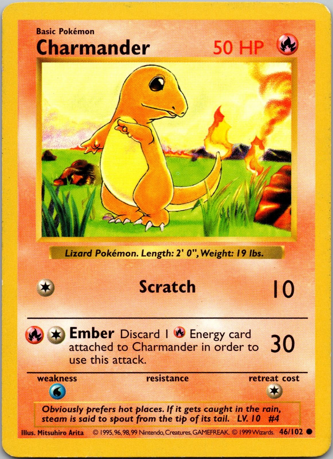 Charmander 46/102 Common Base Set Shadowless Pokemon Unlimited Lightly Played