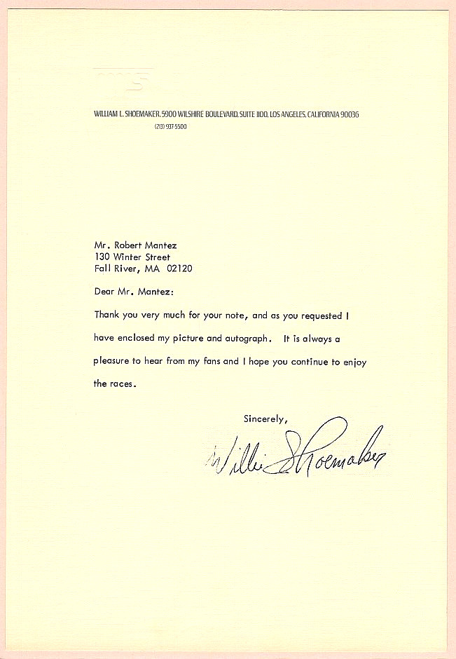 WILLIE SHOEMAKER signed letter (on letterhead) Horse racing, Kentucky Derby