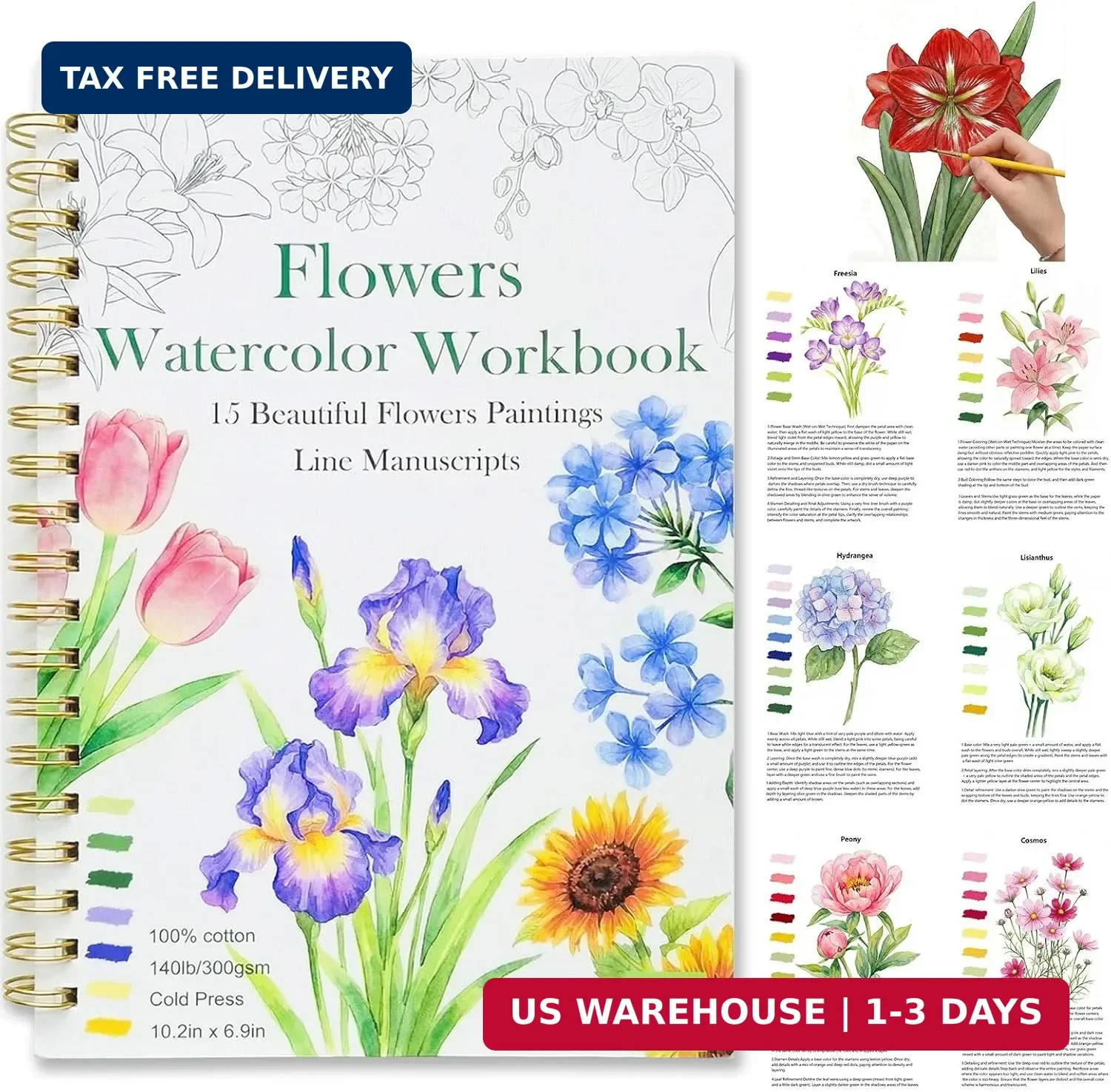 Watercolor Workbook 15 Beautiful Flowers Paintings for Adults &Teens Beginners,W