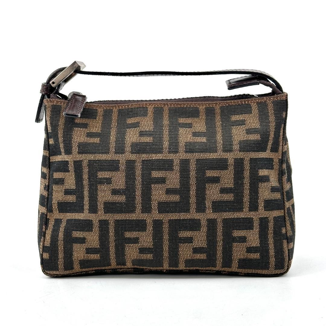 FENDI Zucca Canvas Leather Pouch Handbag Brown Monogram Zipper Vintage