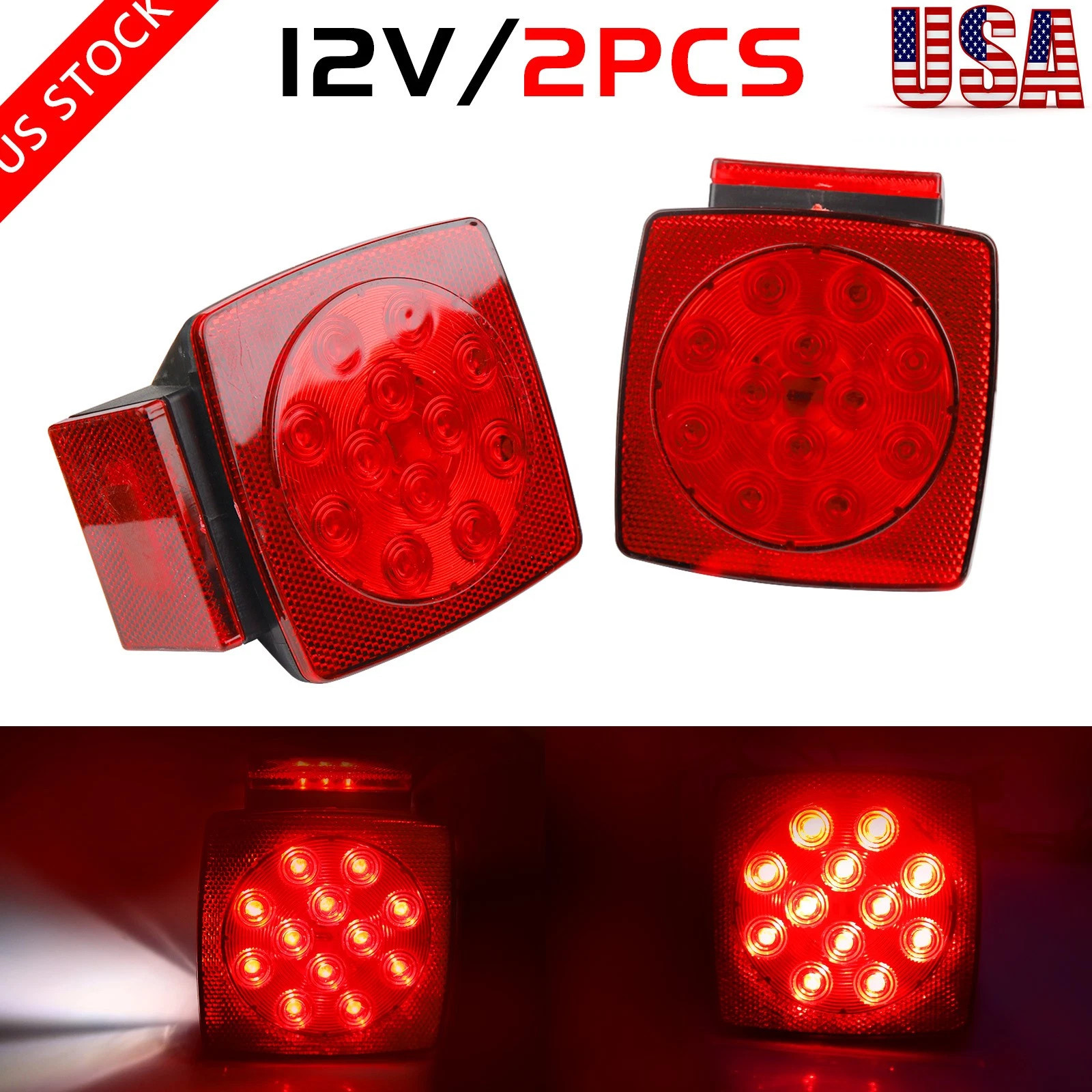 1 Pair Rear LED Submersible Square Trailer Tail Lights Kit Boat Truck Waterproof