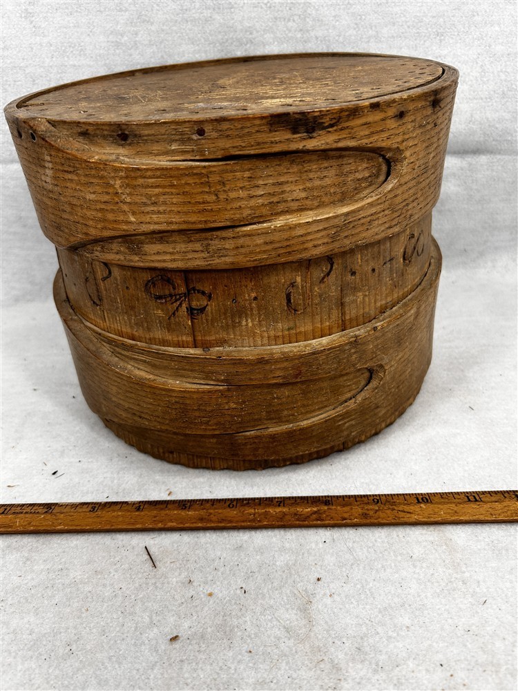 antique firkin barrel box w/ lid finger laps 10x8 bent wood early 1800 best 