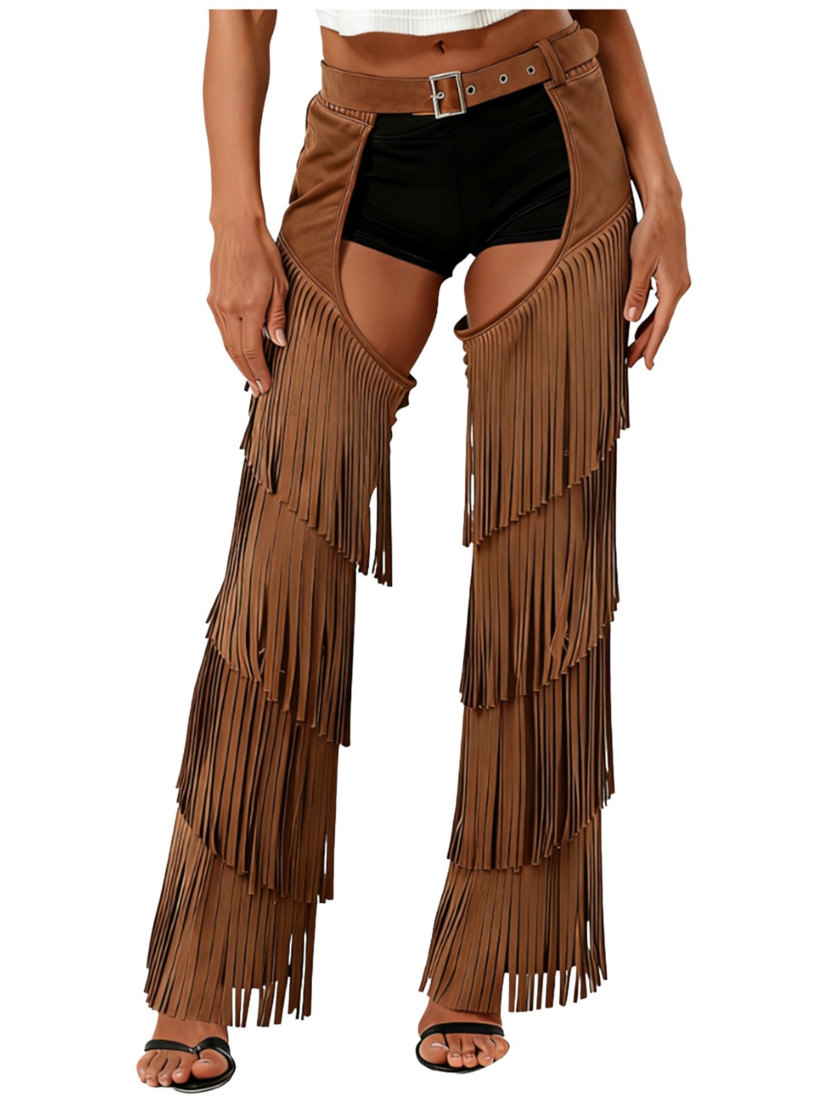 US Women\'s Cowboy Chaps Layered Tassel Trousers Western Cowgirl Pants Halloween