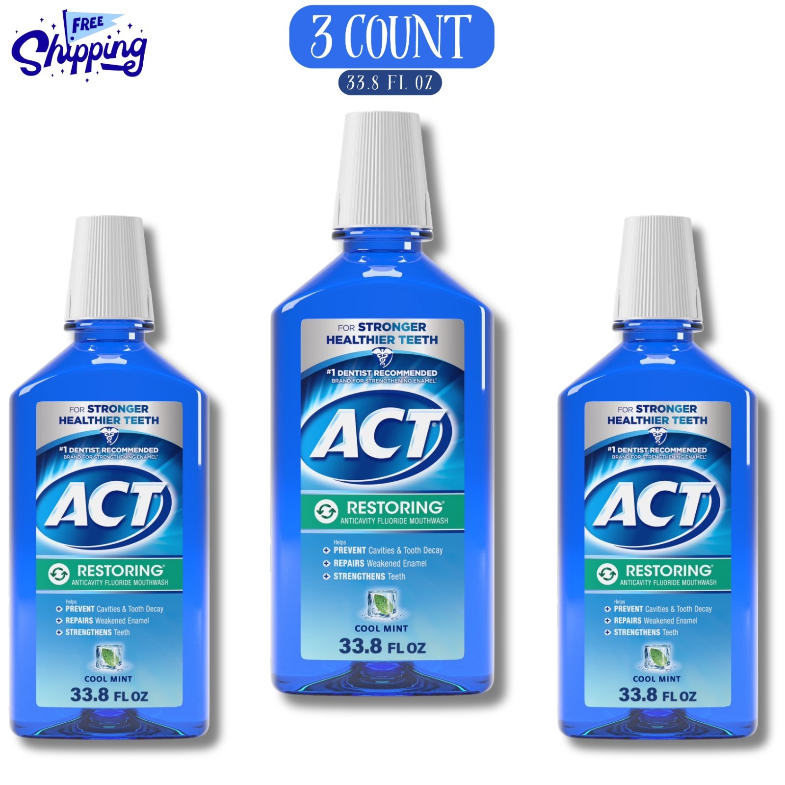 ACT Restoring Anticavity Fluoride Mouthwash, Cool Mint, 33.8 fl( PACK OF 3 ) NEW