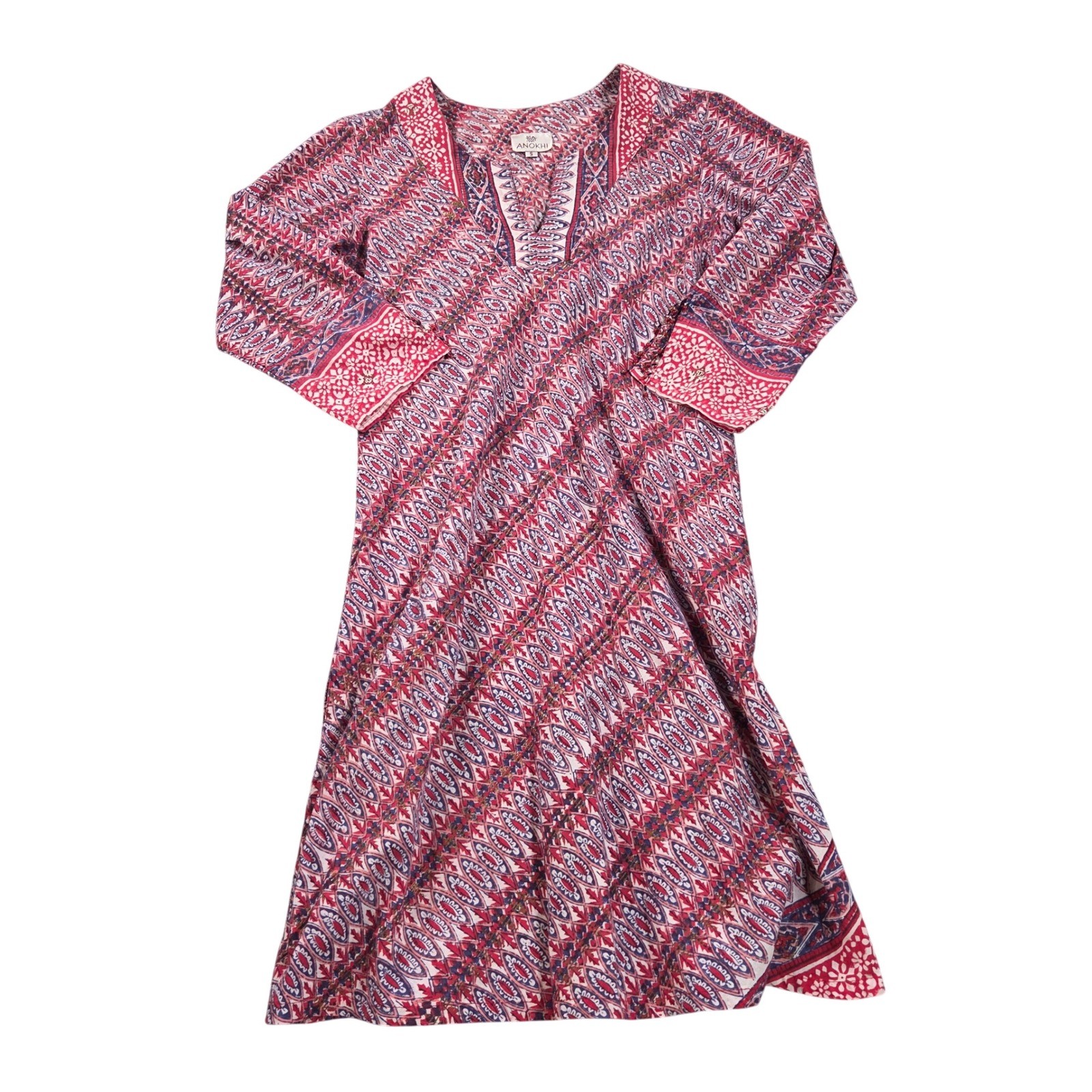 Anokhi Tunic Dress Womens Small Pink Block Print Cotton Boho India 3/4 Sleeve