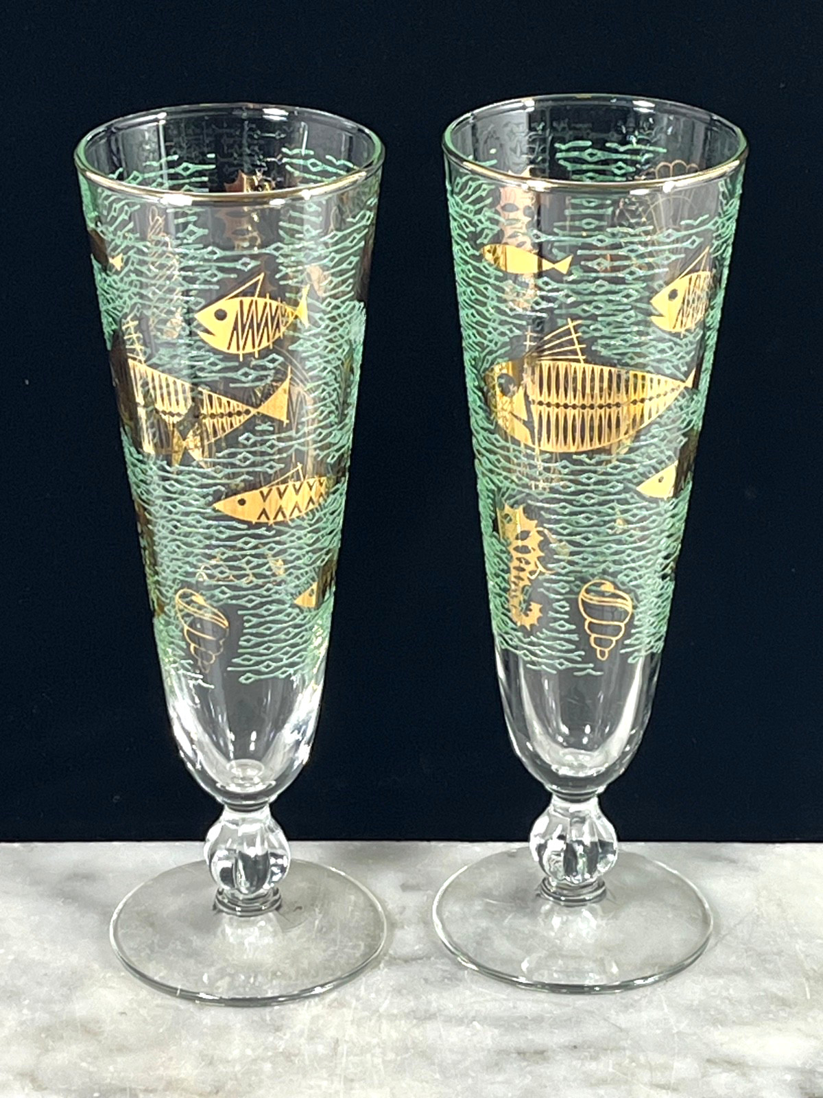 VTG 60s Set 2 LIBBEY Marine Life 8.5” Green & Gold Textured Footed Glasses MCM