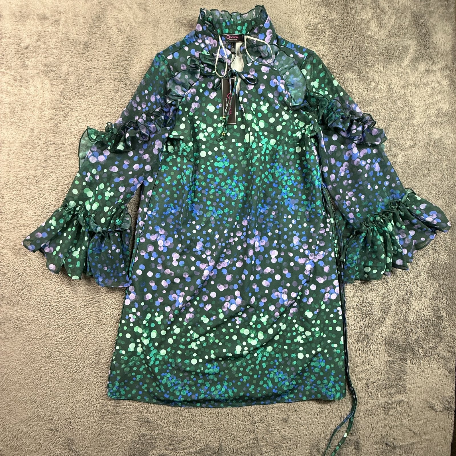 C Wonder Christian Siriano Green Polka Dot Georgette Ruffle Womens Dress M NWT