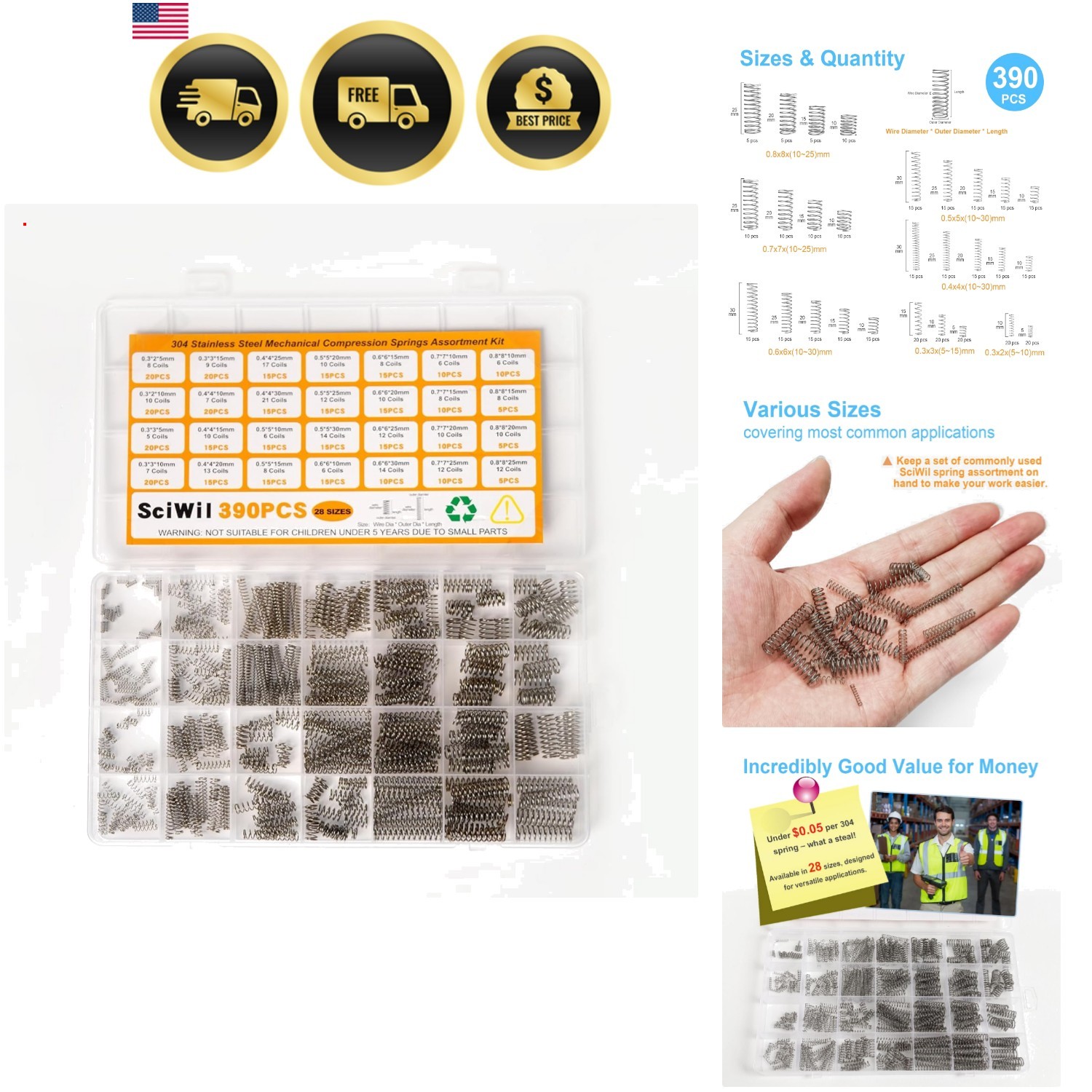 390-Piece Compression Spring Assortment Kit, 28 Sizes Small Springs Set, Stai... 390-Piece Compression Spring Assortment Kit, 28 Sizes Small Springs Set, Stai...