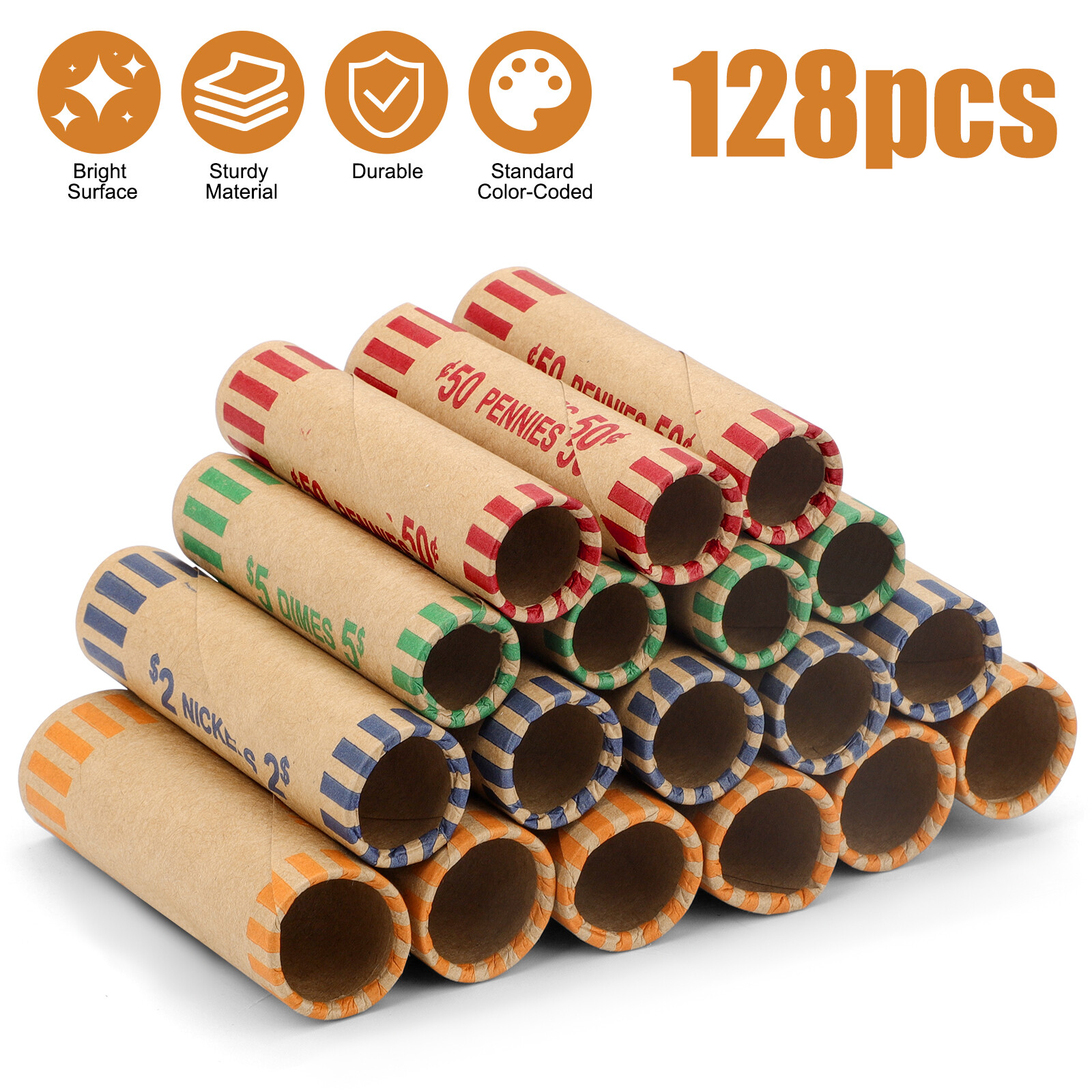 128pcs Assorted Preformed Coin Wrappers Rolls, Change Paper Rolls Wrapping Tubes 128pcs Assorted Preformed Coin Wrappers Rolls, Change Paper Rolls Wrapping Tubes