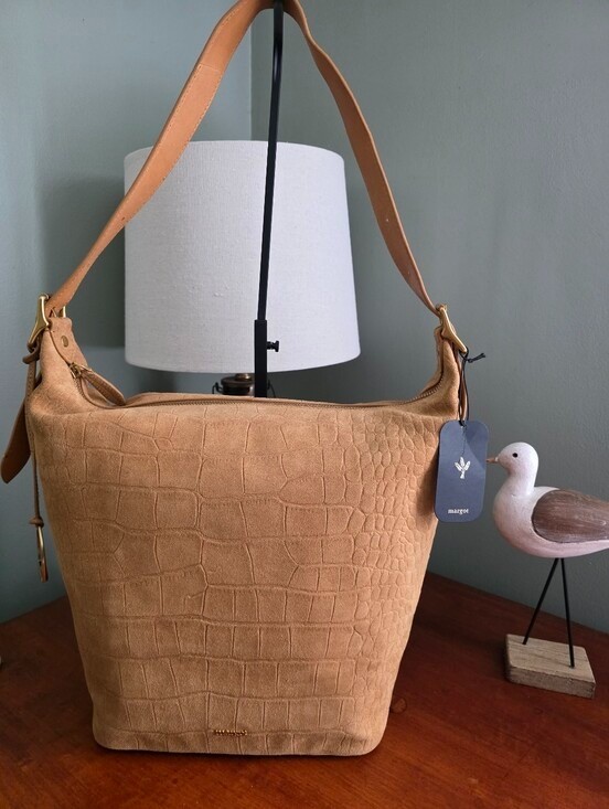 Margot Sienna Large Bucket Bag Tan Croc Embossed Suede Leather Shoulder Bag NWT