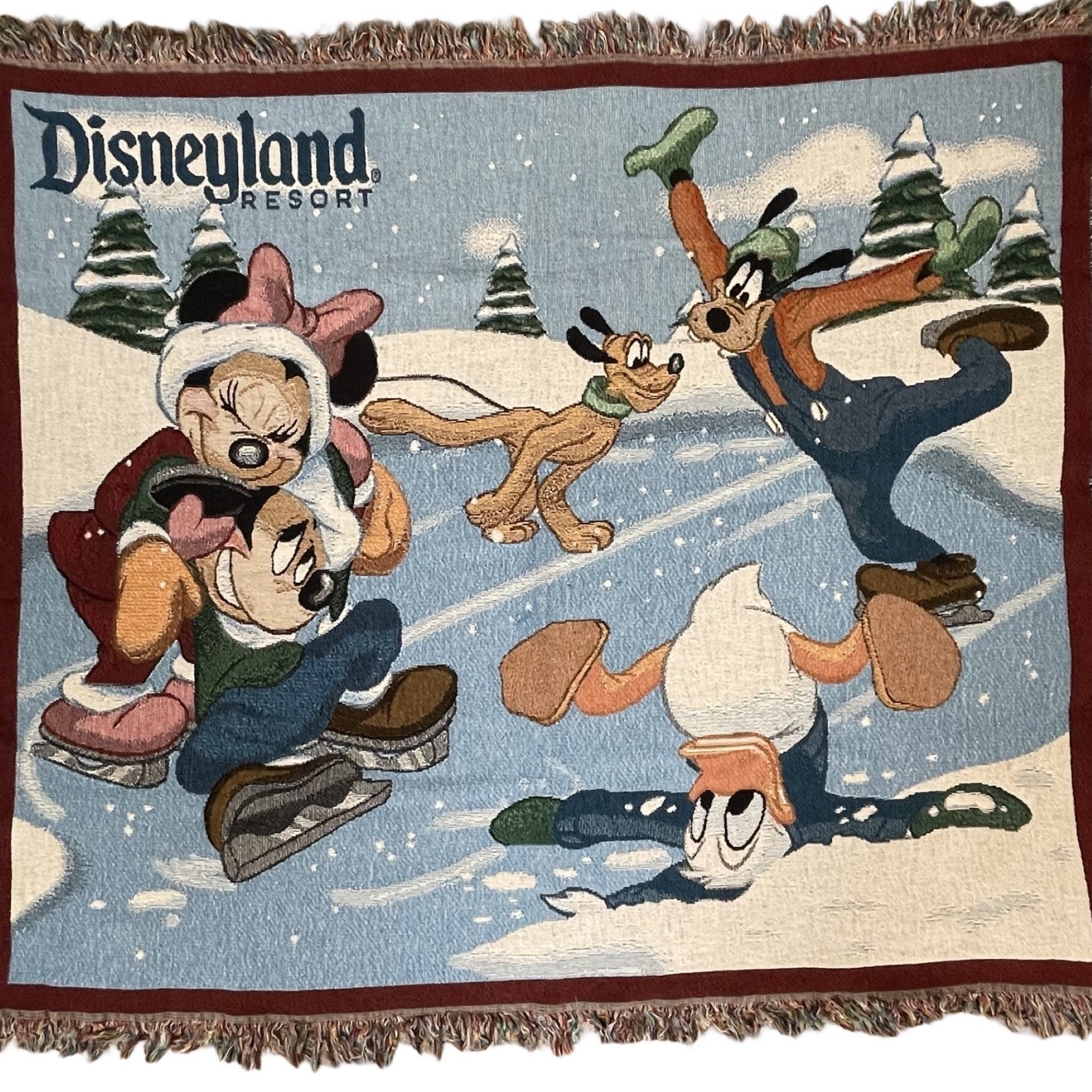 Disneyland Resort Woven Tapestry Throw Blanket Blue Ice Skating Minnie Mickey