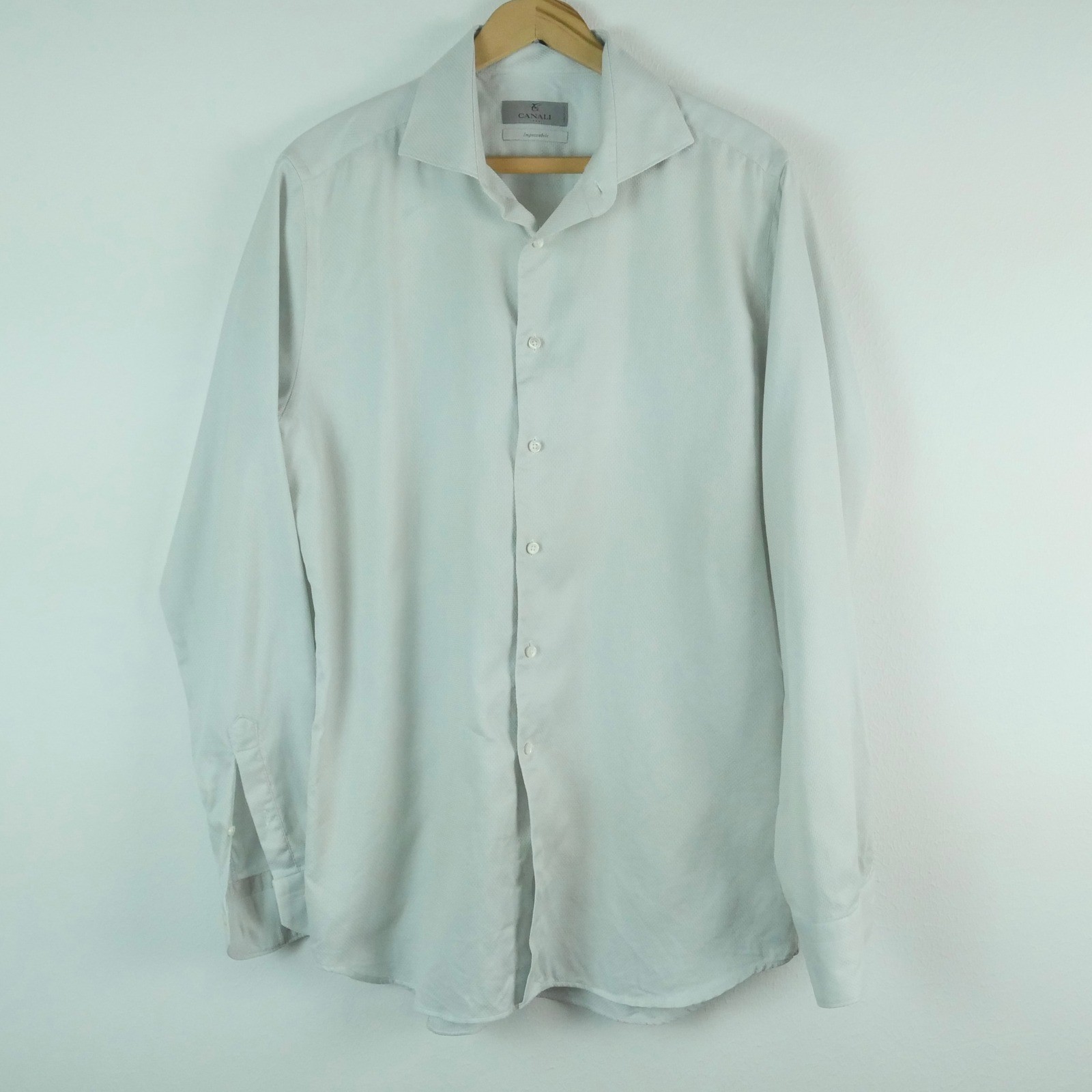 Canali Impeccabile Dress Shirt Mens 16.5 42 Light Green Textured Cotton Italy