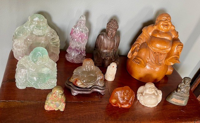 Collection of Vintage Hand Carved Buddha Figures: Flourite, Amber, Wood, & Agate