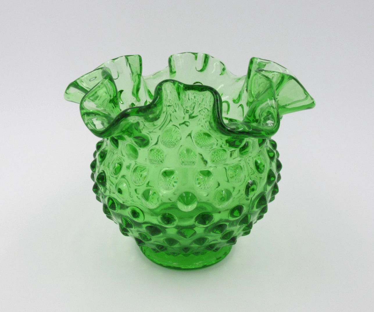Vintage 1970s Fenton Colonial Green Hobnail Glass Vase Ruffled Rose Bowl 4\
