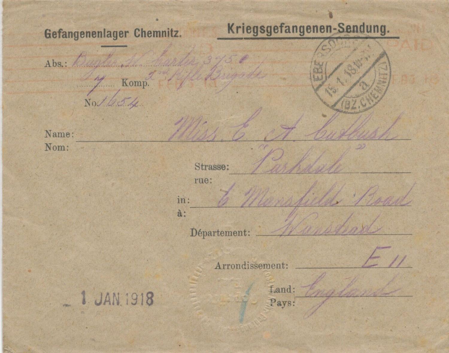GERMANY / GB WWI PRISONERS OF WAR superb cover 1918 from prisoner of war camp