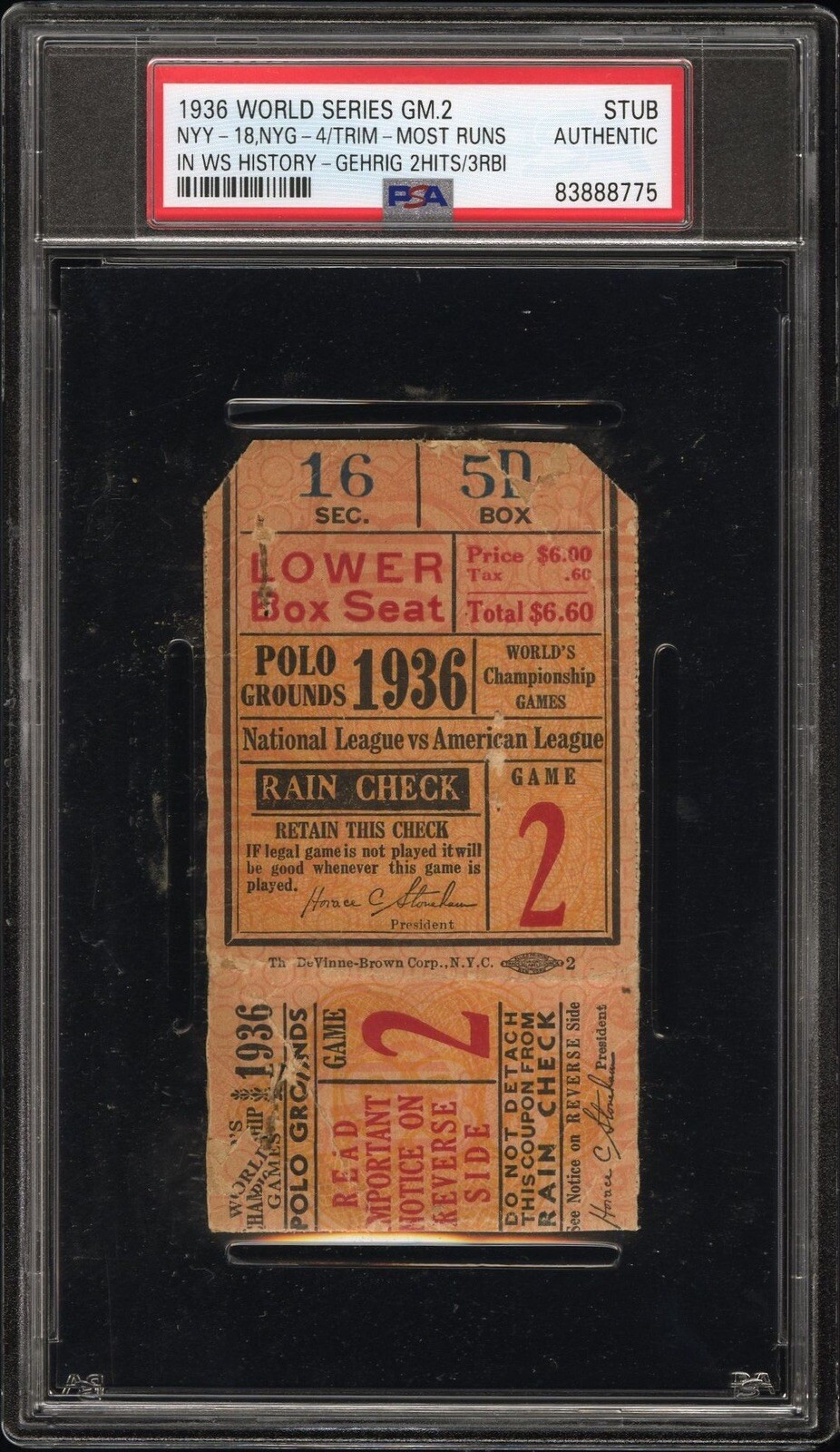 1936 WORLD SERIES GAME 2 TICKET🎟️NYY-18 MOST RUNS IN WS HISTORY/GEHRIG 2HIT PSA
