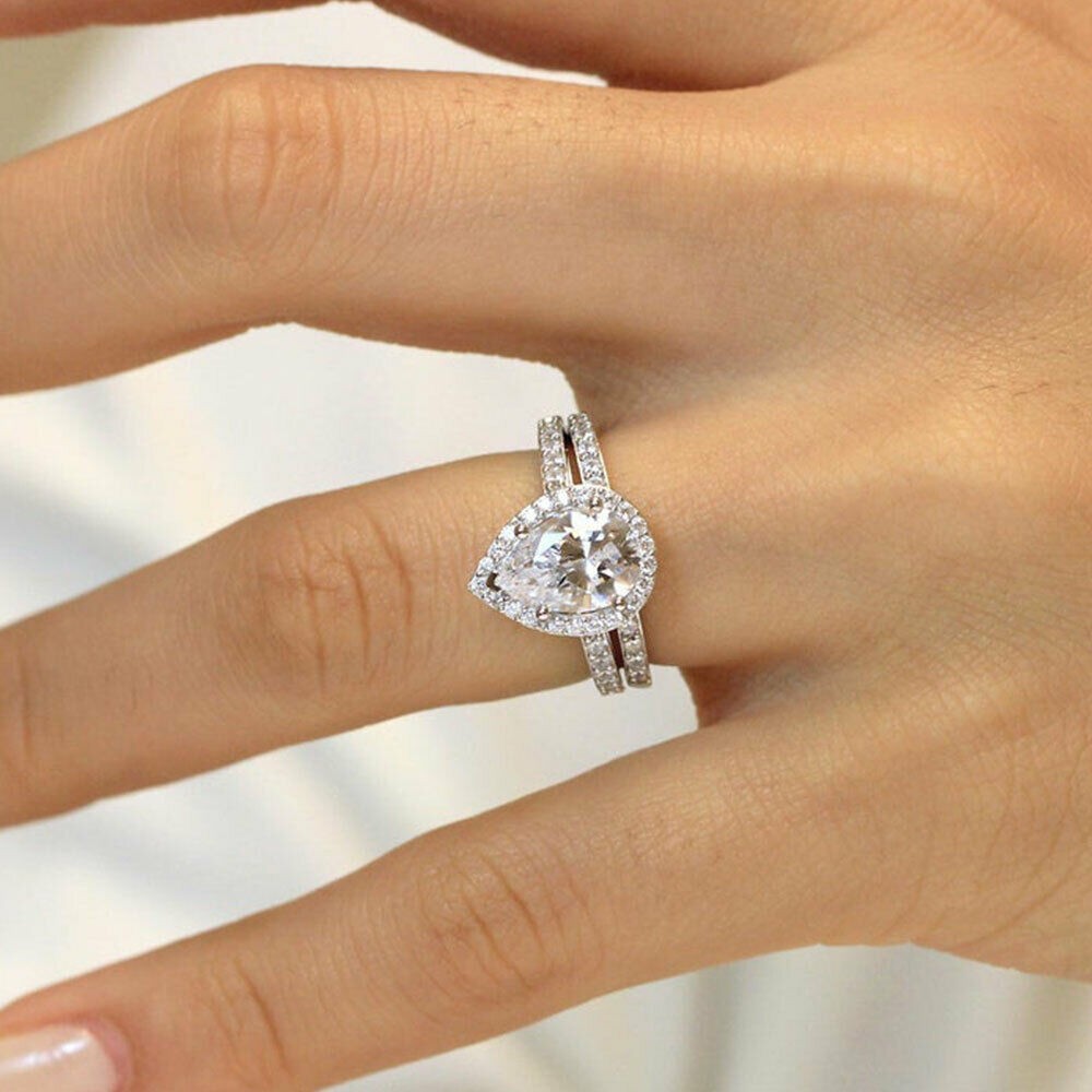 2.50 Ct Pear Cut Halo Diamond Engagement Bridal Ring Set 14K White Gold Finish