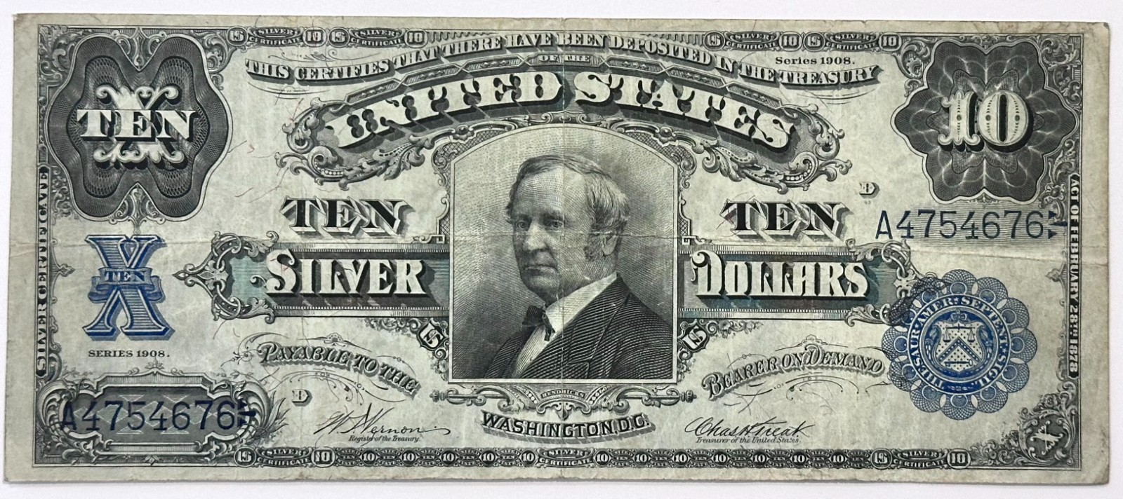 1908 $10 Tombstone Large Paper Small Blue Silver Certificate Stamp Fr-302