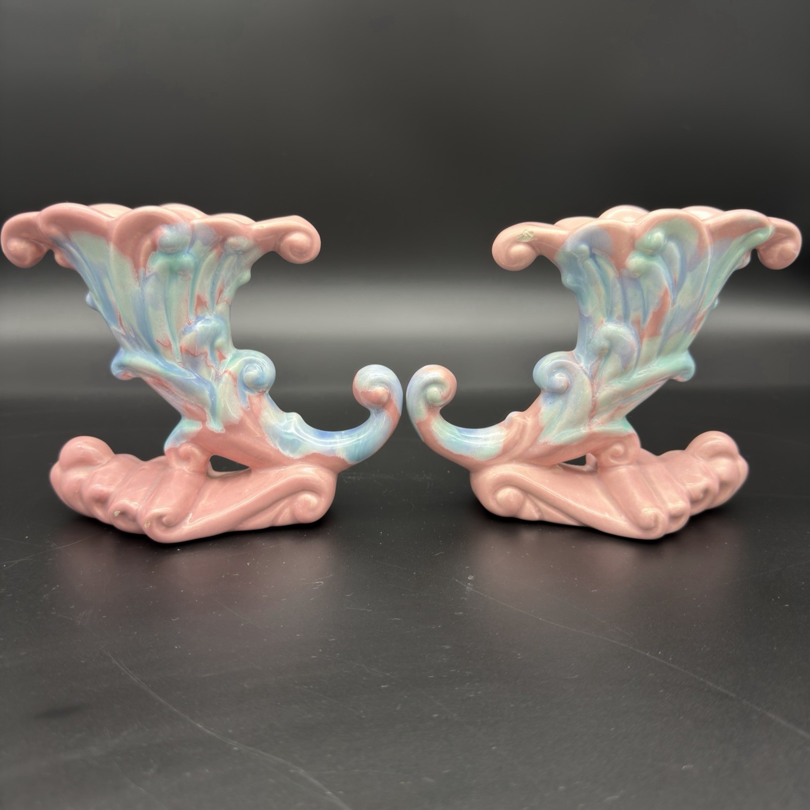 VTG Royal Haeger Cornucopia Candle Holders Blue Pink Mauve Marbled Glaze MCM