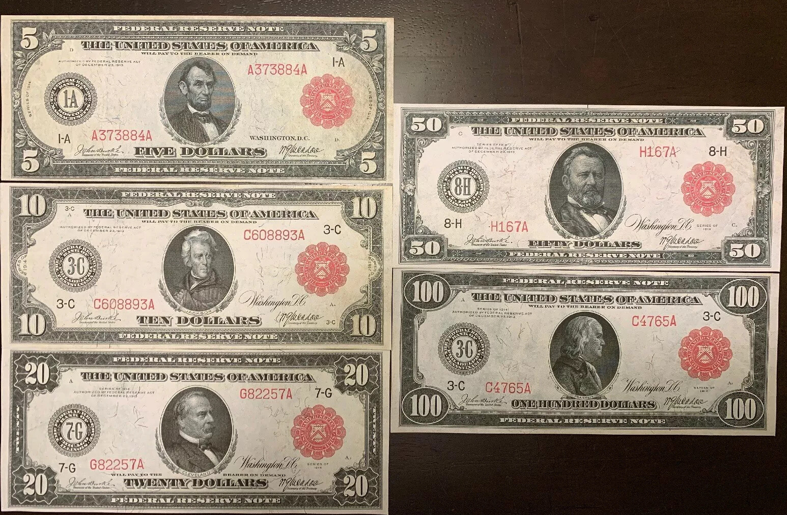 Reproduction 1914 Federal Reserve Note Red Seal Set $5 -$100 Read Description