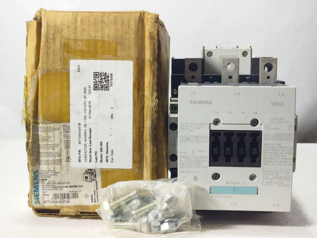 SIEMENS 3RT1054-6AF36 POWER CONTACTOR 115A 3 POLE 110-127VDC COIL 50/60HZ SIEMENS 3RT1054-6AF36 POWER CONTACTOR 115A 3 POLE 110-127VDC COIL 50/60HZ