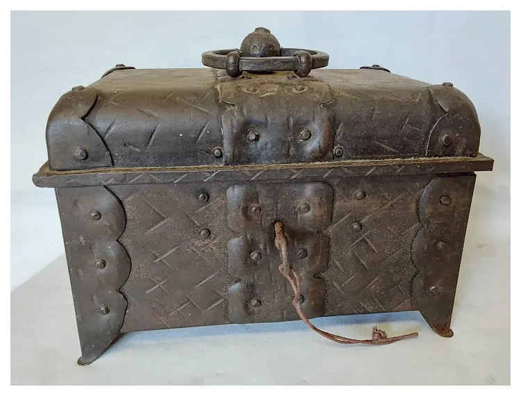 Antique Primitive Hand Wrought Iron Safe Strongbox with Key